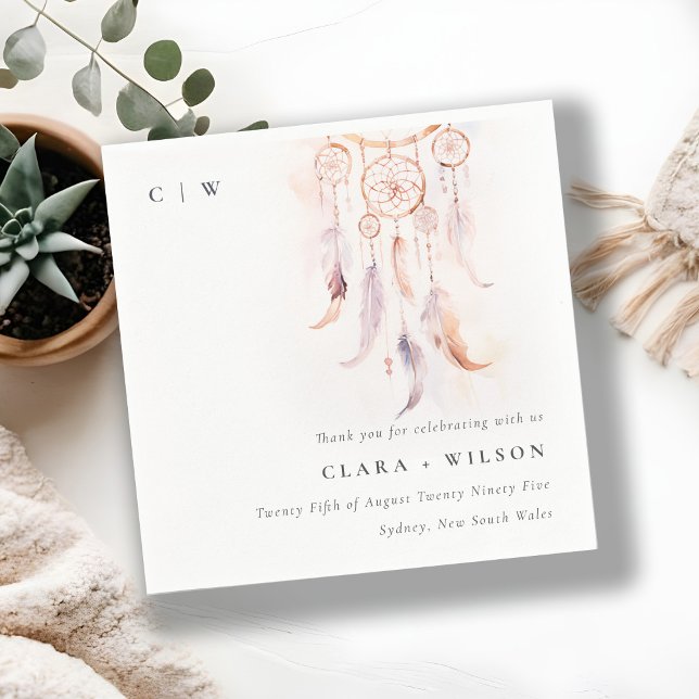 Chic Boho Feather Dreamcatcher Watercolor Wedding Napkins (Creator Uploaded)