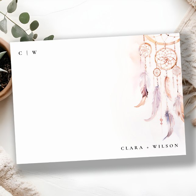 Chic Boho Feather Dreamcatcher Watercolor Wedding Note Card (Creator Uploaded)