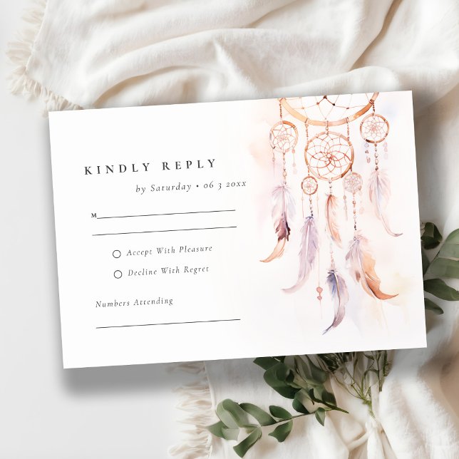 Chic Boho Feather Dreamcatcher Watercolor Wedding RSVP Card (Creator Uploaded)