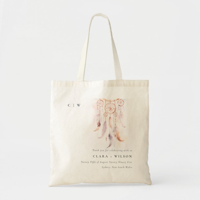 Chic Boho Feather Dreamcatcher Watercolor Wedding Tote Bag (Front)
