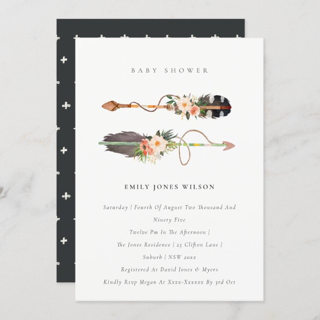 Chic Boho Feather Floral Arrow Baby Shower Invite (Front/Back)