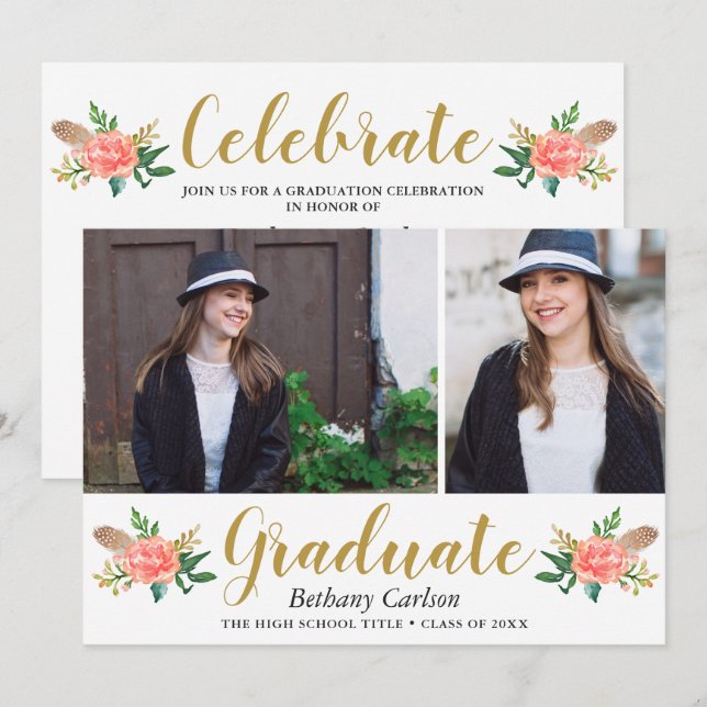 Chic Boho Feathers Floral 2 Photo Graduation Party Invitation (Front/Back)