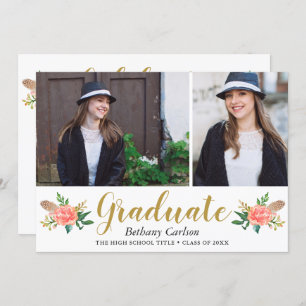 Chic Boho Feathers Floral 2 Photo Graduation Party Invitation