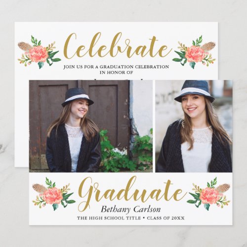 Chic Boho Feathers Floral 2 Photo Graduation Party Invitation