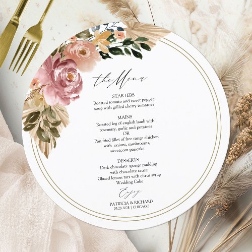 Chic Boho Floral Circle Wedding Menu Card