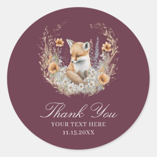 Chic Boho Floral Cute Red Fox Burgundy Thank You Classic Round Sticker