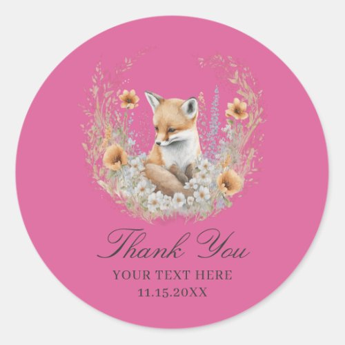 Chic Boho Floral Cute Red Fox Burgundy Thank You Classic Round Sticker