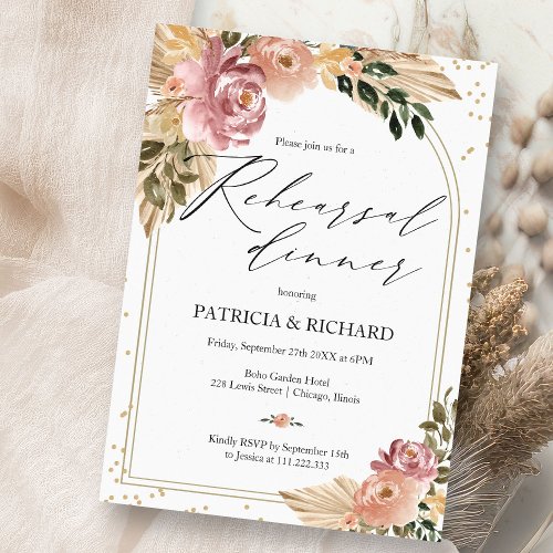 Chic Boho Floral Wedding Rehearsal Dinner Invitation