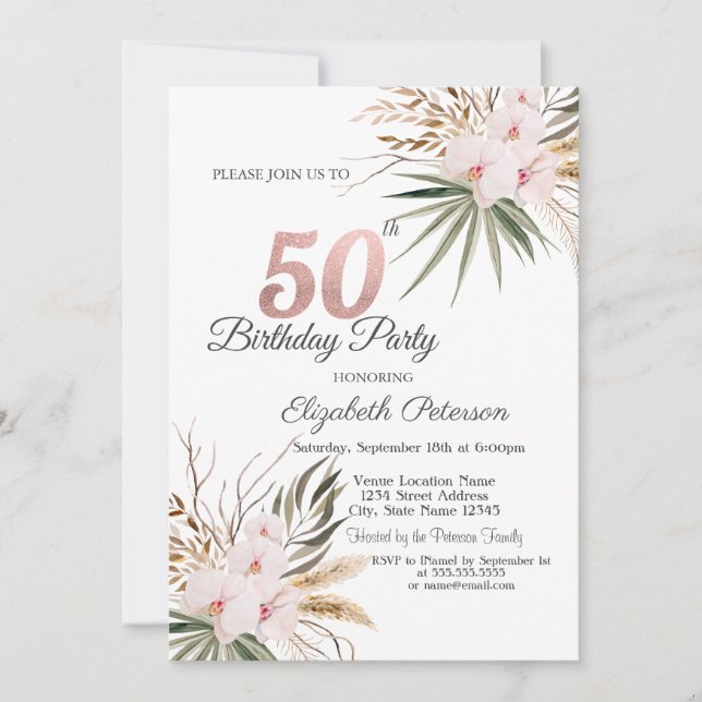 Chic Boho Flowers 50th Birthday Invitation (Front)