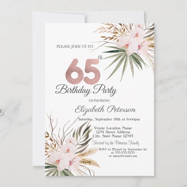 Chic Boho Flowers 65th Birthday Invitation (Front)