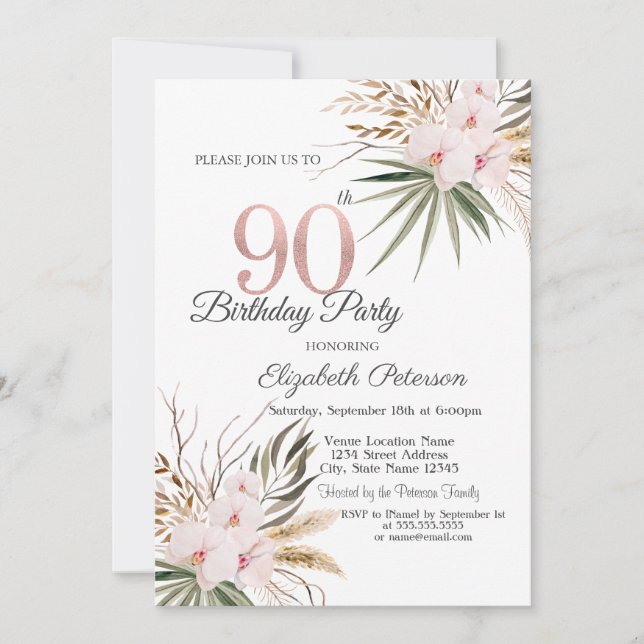 Chic Boho Flowers 90th Birthday Invitation (Front)