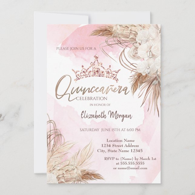 Chic Boho Flowers,Crown,Watercolor Quinceañera Invitation (Front)