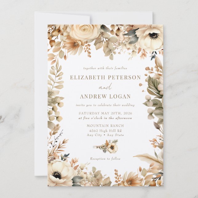 Chic Boho Flowers | Fall Flowers Wedding Invitation (Front)
