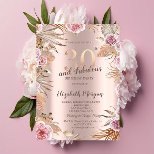 Chic Boho Flowers Rose Gold 30th Birthday  Invitation