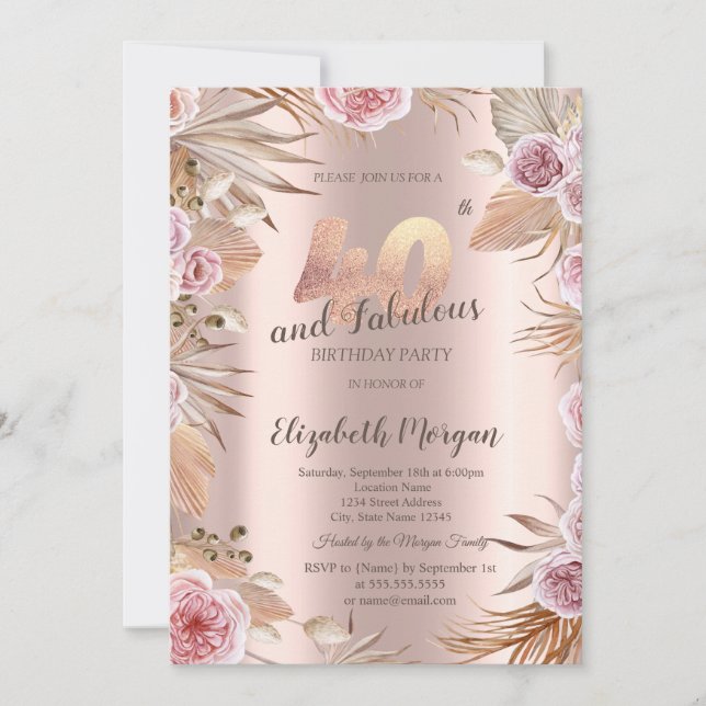 Chic Boho Flowers Rose Gold 40th Birthday  Invitation (Front)