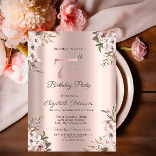 Chic Boho Flowers Rose Gold 75th Birthday Invitation