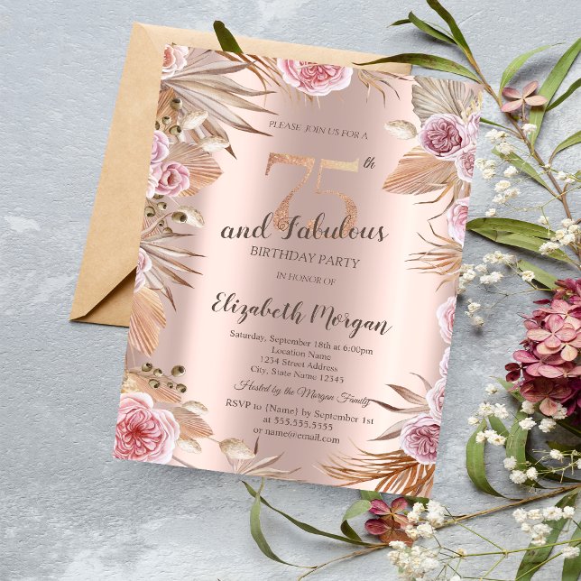 Chic Boho Flowers Rose Gold 75th Birthday  Invitation (Creator Uploaded)