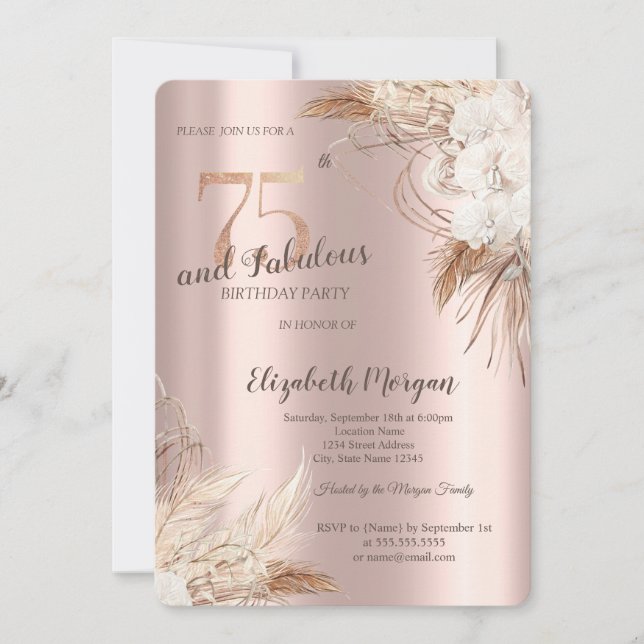 Chic Boho Flowers Rose Gold 75th Birthday  Invitation (Front)