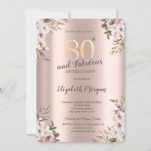 Chic Boho Flowers Rose Gold 80th Birthday Invitation