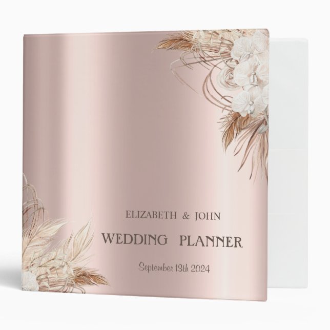 Chic Boho Flowers Rose Gold Wedding 3 Ring Binder (Front/Inside)