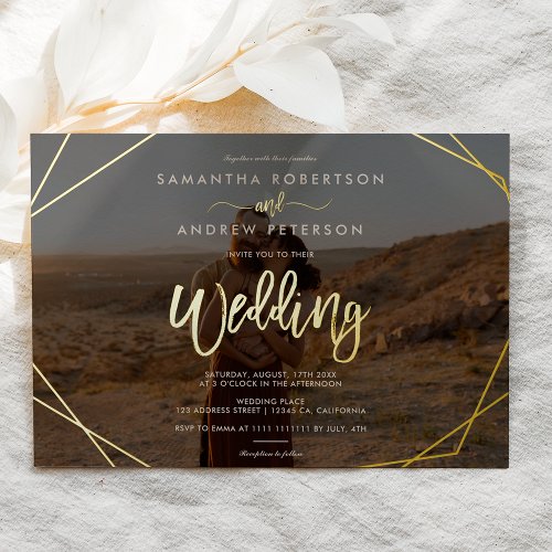 Chic boho frame simple photo script wedding foil invitation