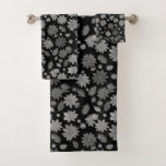 Chic Boho Gray Flowers &amp; Leaves on Black Bath Towel Set