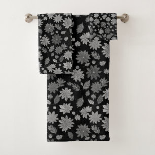Chic Boho Gray Flowers & Leaves on Black Bath Towel Set