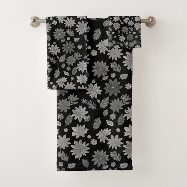Chic Boho Gray Flowers & Leaves on Black Bath Towel Set (Insitu)