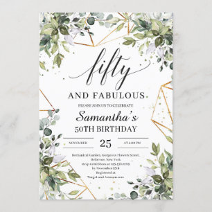 Chic Boho greenery foliage gold fifty and fabulous Invitation