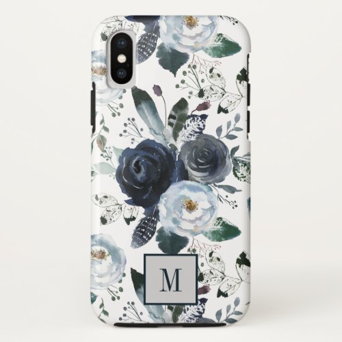 Chic Boho Leaves and Blue flowers monogram iPhone XS Case