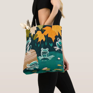 Chic boho line art abstract vector frogs on pond tote bag