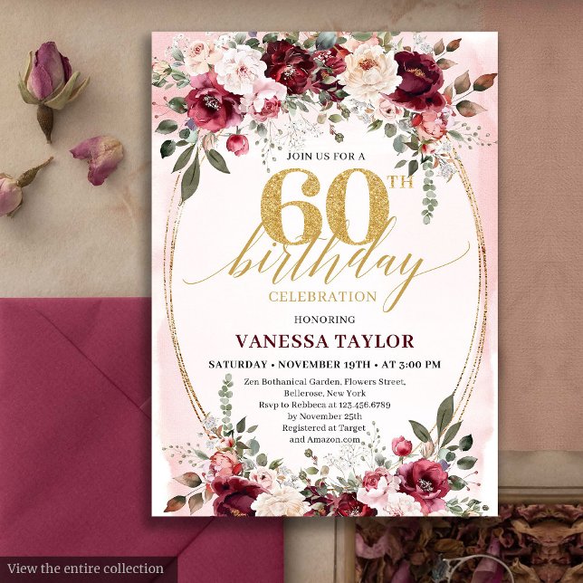 Chic Boho Maroon Gold Floral 60th Birthday Invite (Chic Boho Maroon Gold Floral 60th Birthday Party)