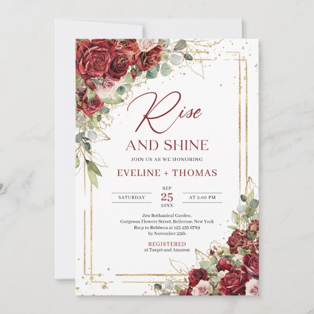 Chic boho marsala and blush roses rise and shine invitation (Front)