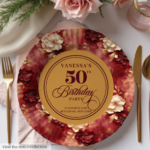 Chic Boho Marsala Blush Gold 50th Birthday Paper Plates