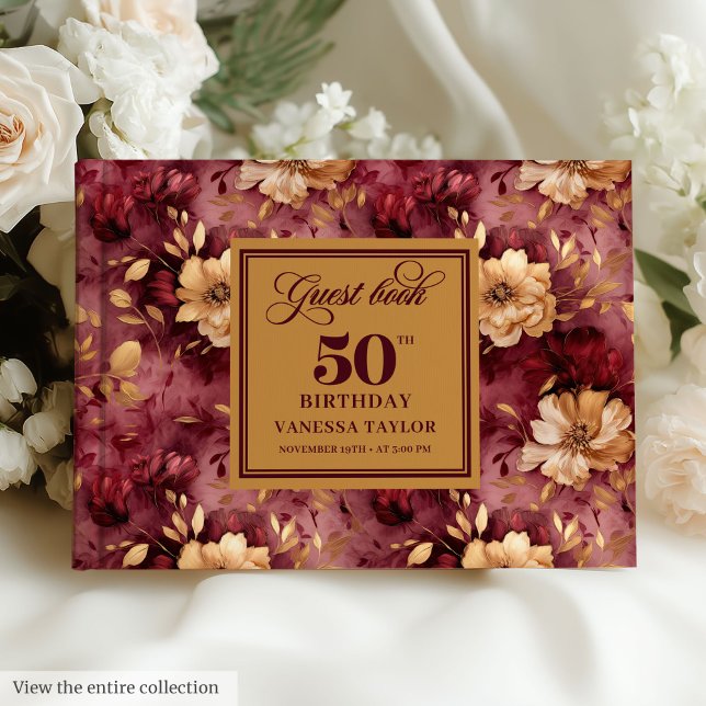 Chic Boho Marsala Blush Gold Flowers 50th Birthday Guest Book (Chic Boho Marsala Blush Gold Flowers 50th Birthday)