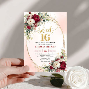 Chic Boho Marsala Gold Floral Sweet Sixteen Invite