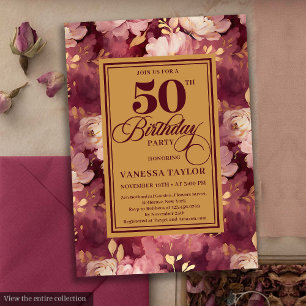 Chic Boho Marsala Gold Flowers 50th Birthday Invitation