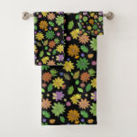 Chic Boho Multicolor Flowers &amp; Leaves on Black Bath Towel Set