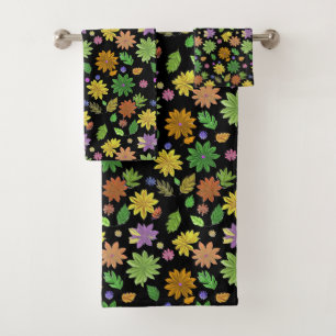 Chic Boho Multicolor Flowers & Leaves on Black Bath Towel Set