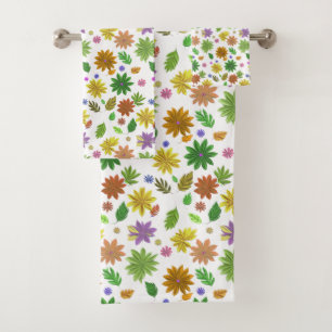 Chic Boho Multicolor Flowers & Leaves on White Bath Towel Set