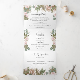 Chic Boho Orchids & Tropcal Dried Leaves Wedding Tri-Fold Invitation