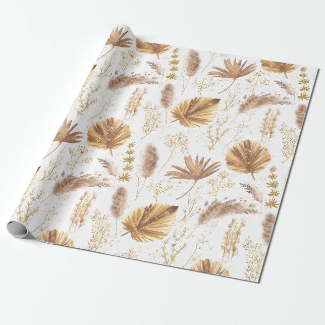 Chic Boho Pampas Grass Palm Leaves Faux Glitter Wrapping Paper (Unrolled)