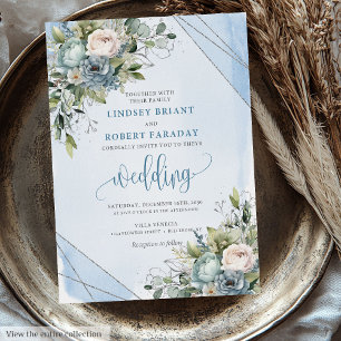 Chic Boho Pastel Blue White Silver Peonies Wedding Invitation
