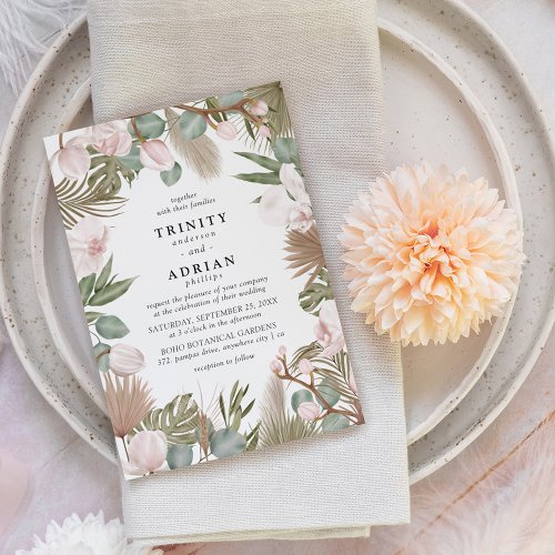 Chic Boho Pink Orchids  Dried Leaves Wedding Invitation