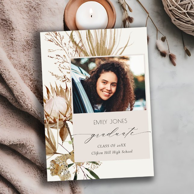 Chic Boho Protea Dry Palm Floral Photo Graduation Announcement (Creator Uploaded)