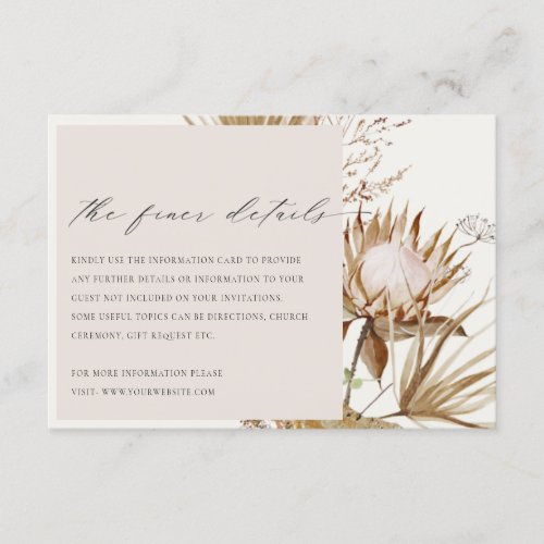 Chic Boho Protea Dry Palm Floral Wedding Details Enclosure Card