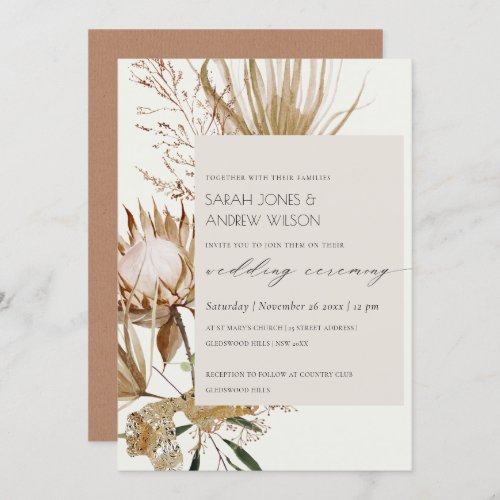 Chic Boho Protea Dry Palm Floral Wedding Invite