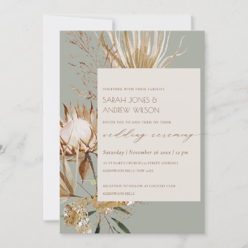 Chic Boho Protea Dry Palm Floral Wedding Invite