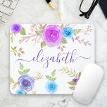 Chic boho purple floral watercolor monogram script mouse pad<br><div class="desc">Turquoise blue, purple, pink and periwinkle watercolor flowers and dark purple cassis script typography overlay a white background on this beautiful, rustic, romantic, vintage floral custom name mousepad. Add your name to personalize. Makes a chic and stylish statement every time you use it. A great gift for a friend, as...</div>