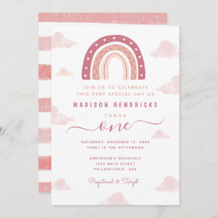 Chic Boho Rainbow and Clouds Pastel Pink Birthday Invitation